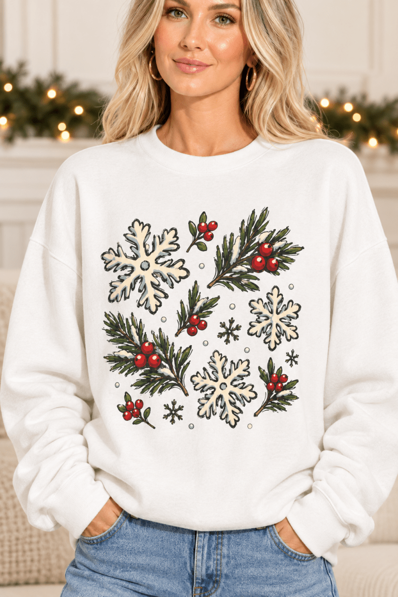 The Doodled Flower Boutique white crewneck sweatshirt featuring a hand-drawn print of snowflakes, pine, and red berries.
