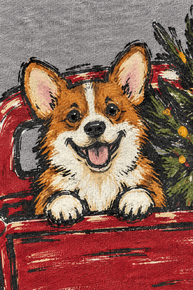 The Doodled Flower Boutique grey sweatshirt featuring a vintage red truck with a happy corgi and Christmas tree