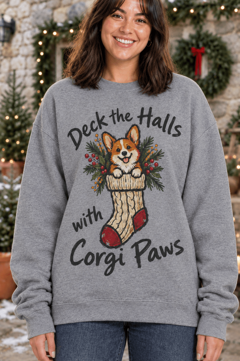 The Doodled Flower Boutique graphite heather crewneck sweatshirt featuring a hand-drawn corgi in a Christmas stocking.