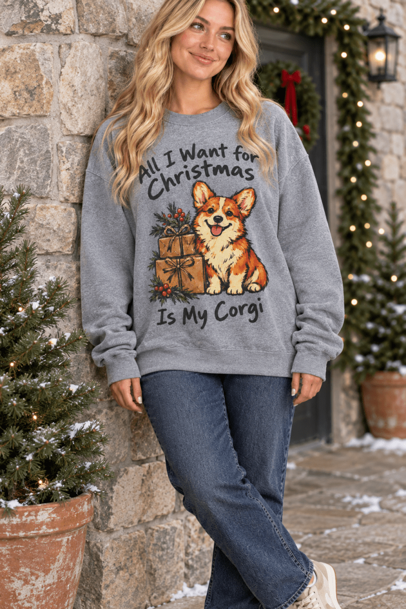 The Doodled Flower Boutique graphite heather crewneck sweatshirt featuring a hand-drawn corgi and Christmas gifts.