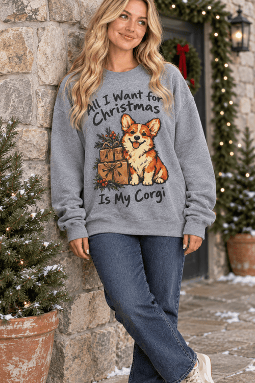 The Doodled Flower Boutique graphite heather crewneck sweatshirt featuring a hand-drawn corgi and Christmas gifts.