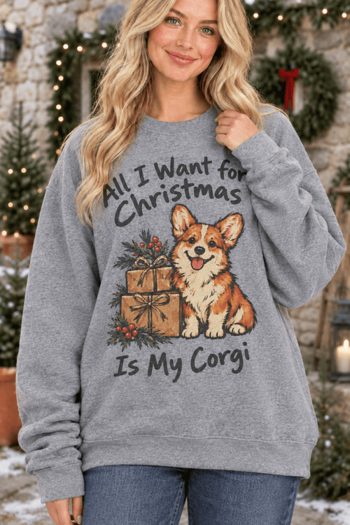 The Doodled Flower Boutique graphite heather crewneck sweatshirt featuring a hand-drawn corgi, gifts, and holly.