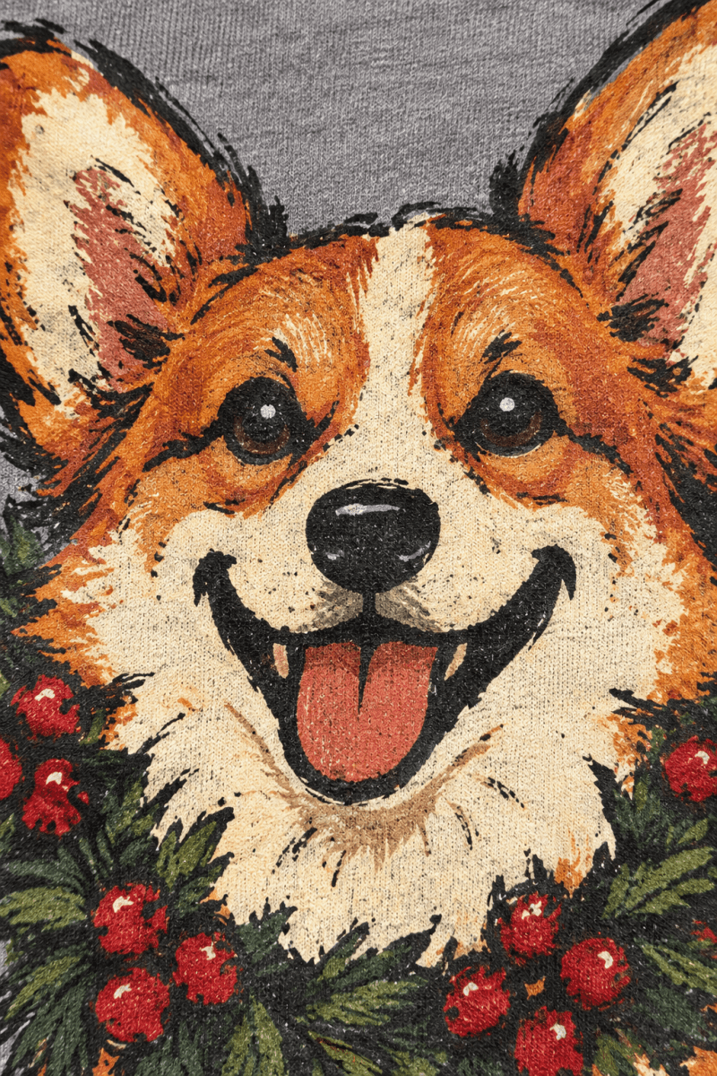 The Doodled Flower Boutique graphite heather sweatshirt featuring a hand-drawn corgi wearing a festive holiday wreath.