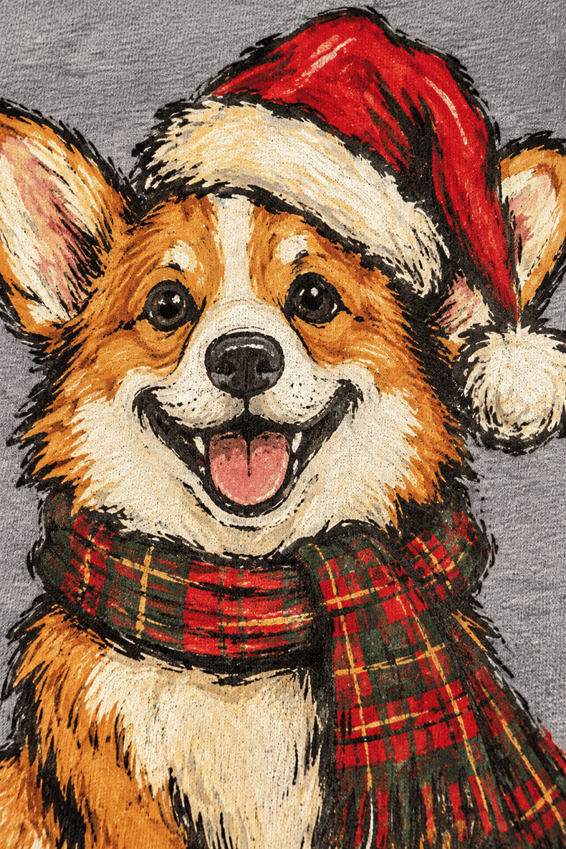 The Doodled Flower Boutique graphite heather sweatshirt featuring a hand-drawn corgi in a Santa hat and plaid scarf.