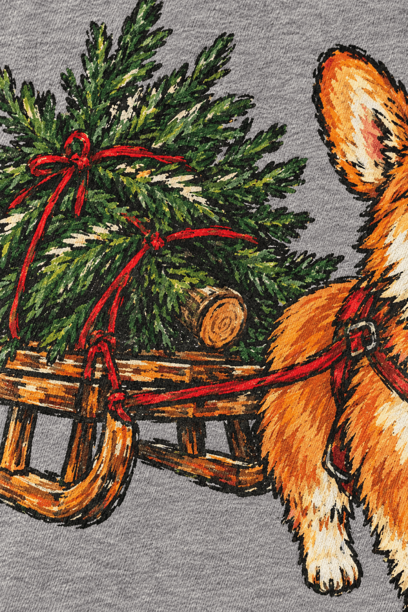 The Doodled Flower Boutique grey sweatshirt featuring a hand-painted corgi pulling a Christmas tree on a wooden sled.