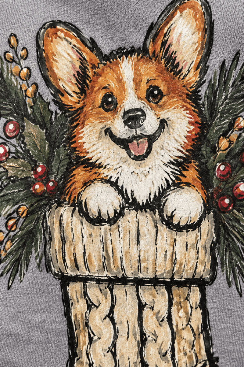 The Doodled Flower Boutique graphite heather sweatshirt featuring a hand-drawn corgi inside a knitted Christmas stocking