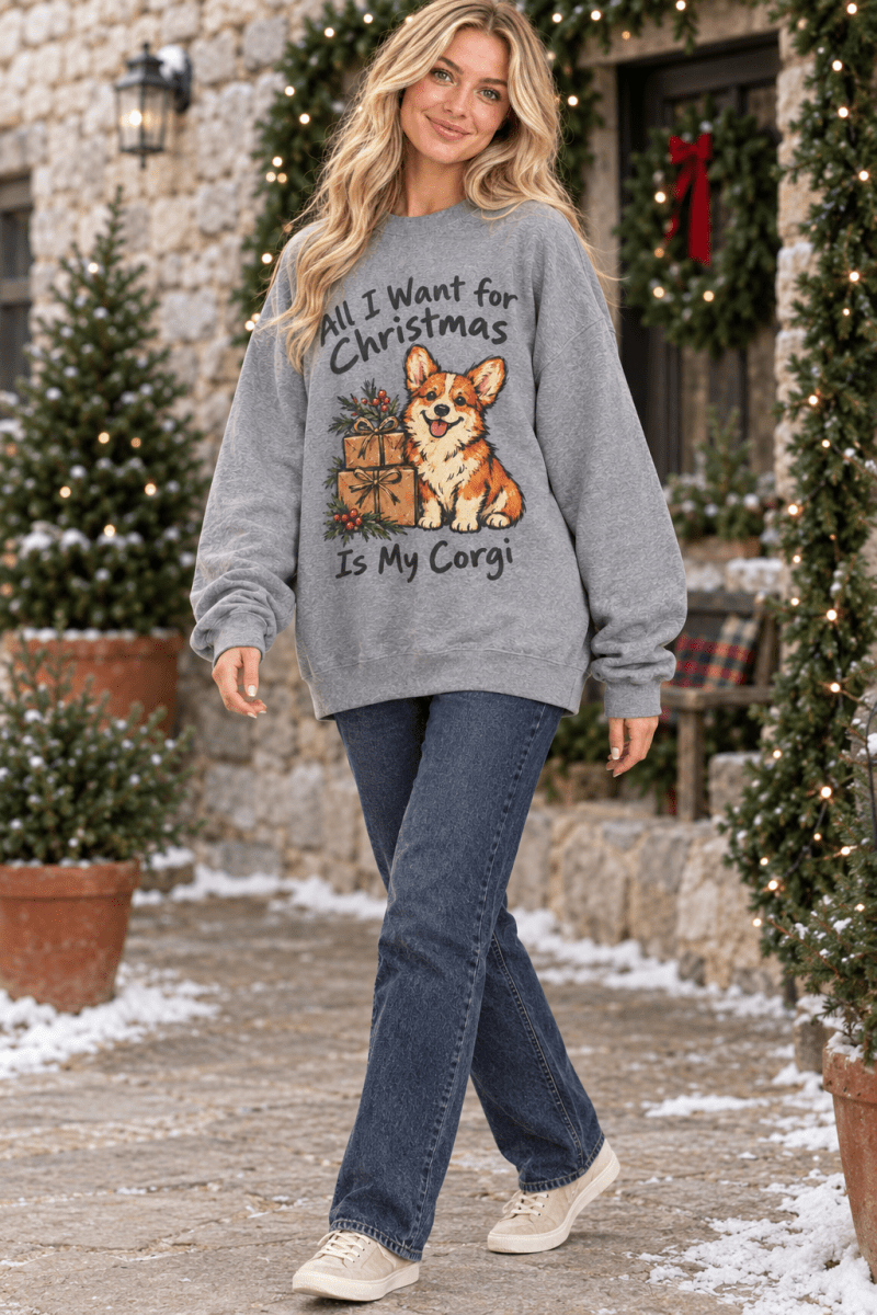 The Doodled Flower Boutique graphite heather crewneck sweatshirt featuring a hand-drawn corgi and Christmas gifts.