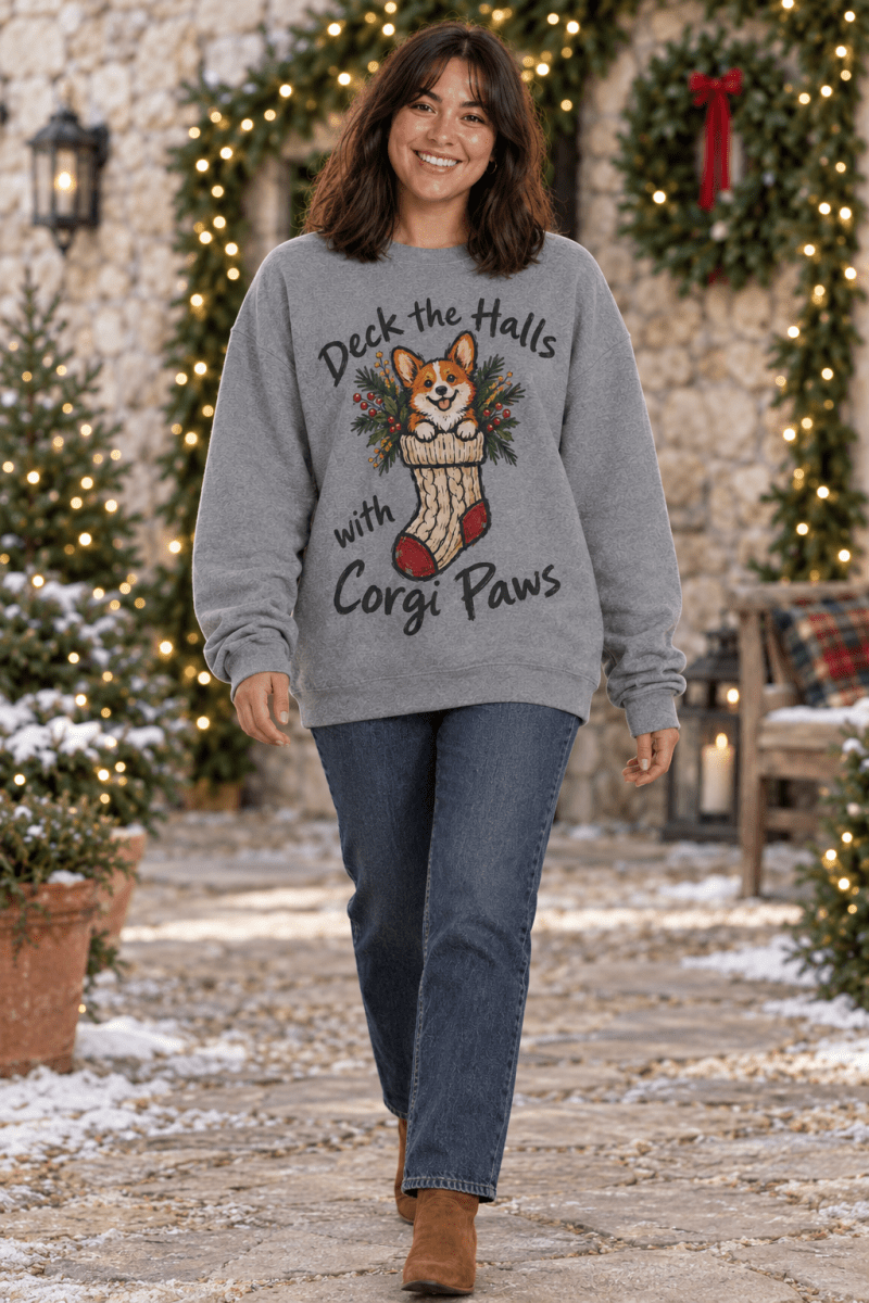 The Doodled Flower Boutique graphite heather crewneck sweatshirt with a hand-drawn corgi in a Christmas stocking.