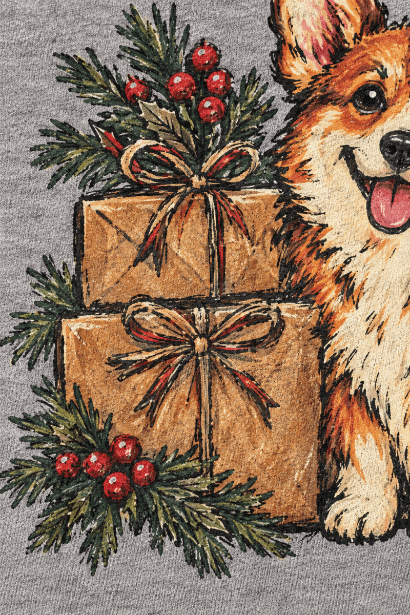 The Doodled Flower Boutique graphite heather sweatshirt featuring a hand-drawn corgi with holiday gifts and holly.