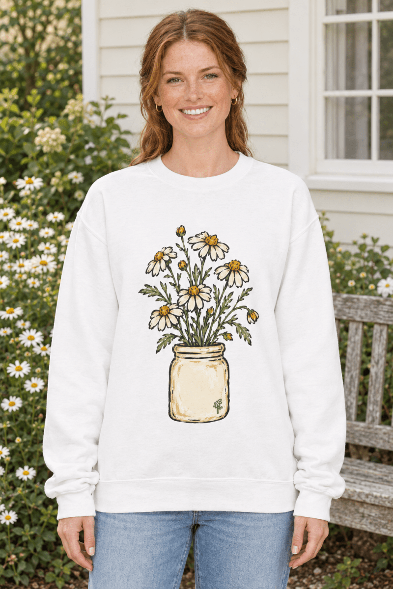 The Doodled Flower Boutique cream crewneck sweatshirt featuring a hand-drawn daisy bouquet in a vintage jar.