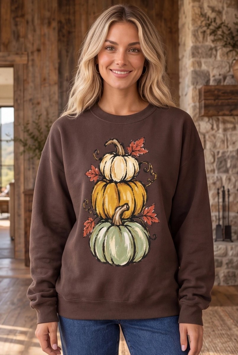 The Doodled Flower Boutique espresso brown crewneck sweatshirt featuring a hand-drawn stack of sage, mustard, and cream pumpkins.