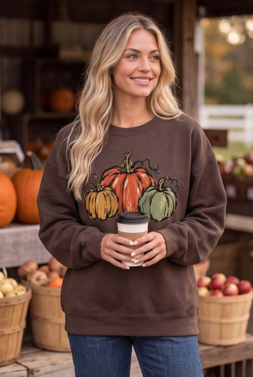 The Doodled Flower Boutique espresso brown cotton sweatshirt featuring a hand-drawn watercolor pumpkin trio design.