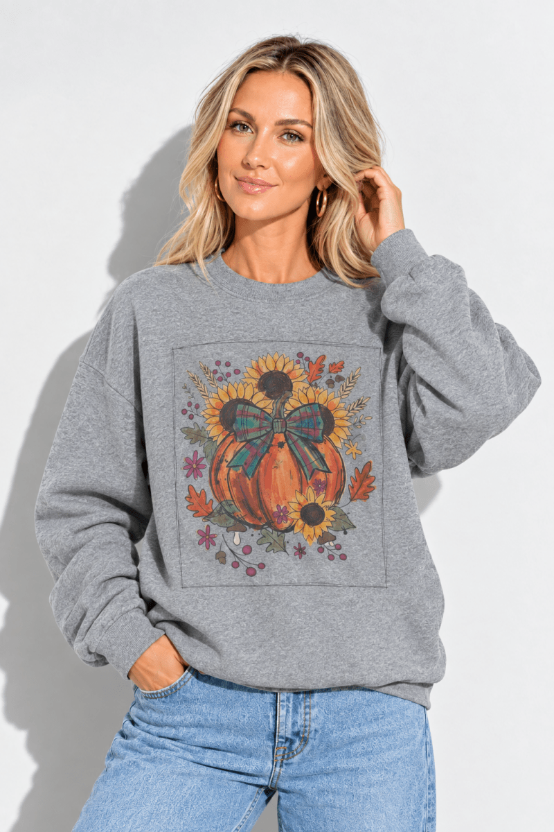 The Doodled Flower Boutique graphite heather grey crewneck sweatshirt featuring a pumpkin and sunflower fall graphic.
