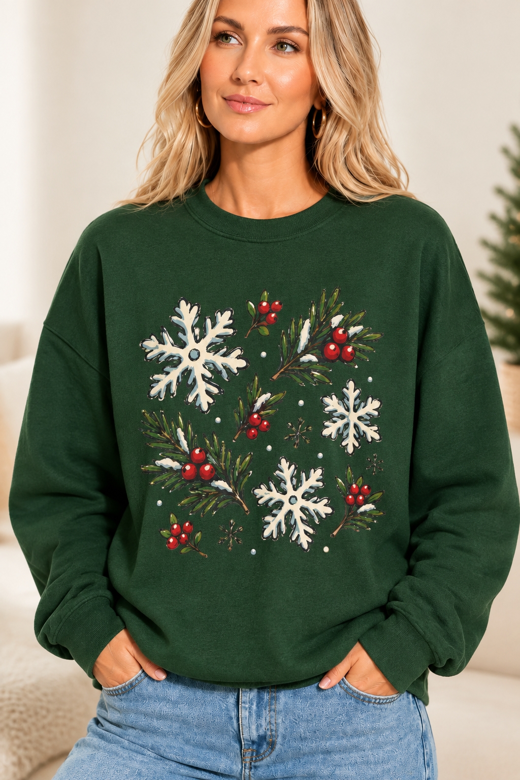 The Doodled Flower Boutique forest green crewneck sweatshirt featuring hand-drawn snowflakes, evergreen, and red berries.