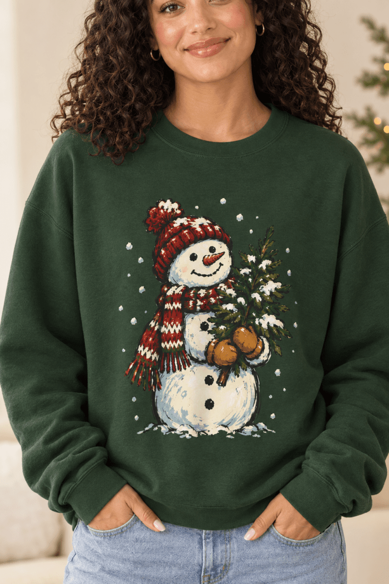 The Doodled Flower Boutique dark green crewneck sweatshirt featuring a hand-drawn snowman holding a Christmas tree.