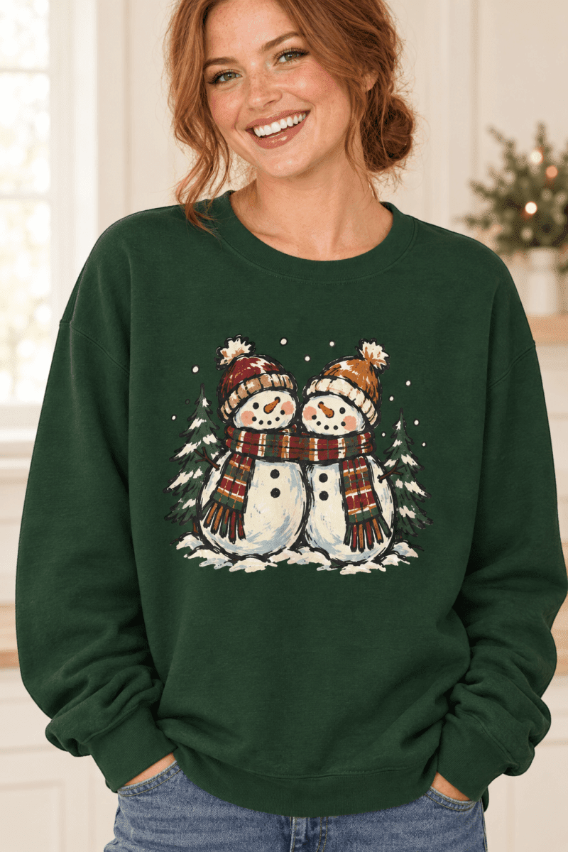 The Doodled Flower Boutique Forest Green crewneck sweatshirt featuring two snowpeople in plaid scarves with pine trees and falling snow, worn by a model.