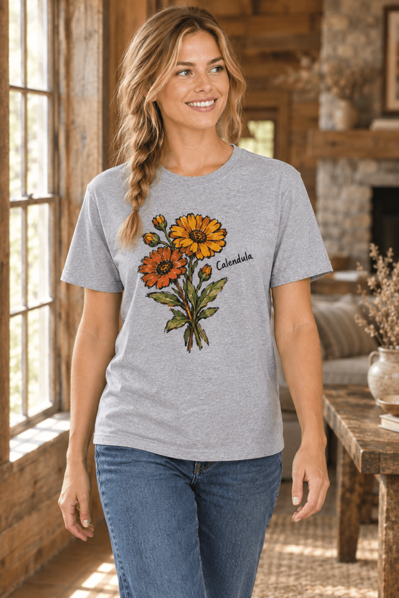 Woman wearing a The Doodled Flower Boutique grey cotton t-shirt featuring a hand-drawn orange calendula floral design.