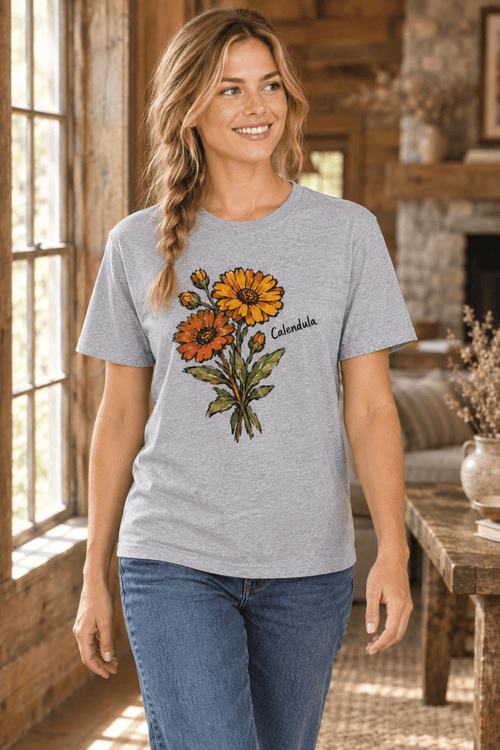 Woman wearing a The Doodled Flower Boutique grey cotton t-shirt featuring a hand-drawn orange calendula floral design.