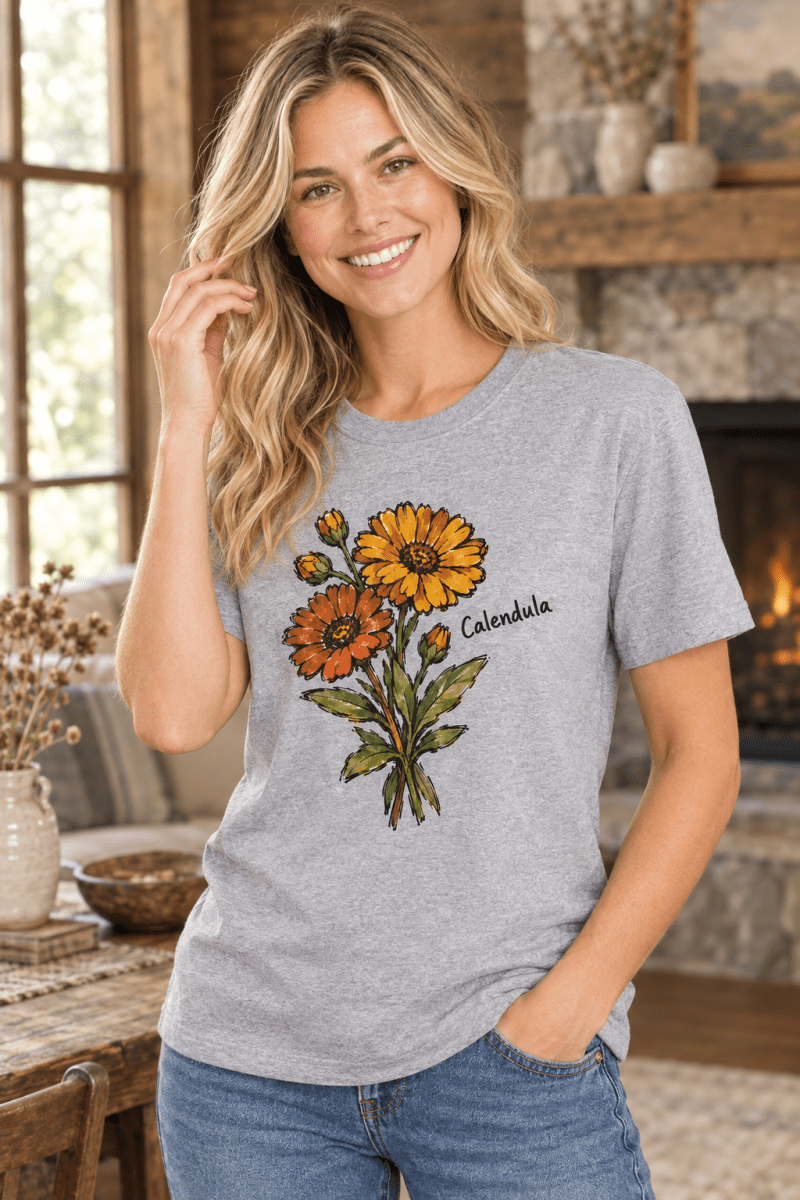 Woman wearing a The Doodled Flower Boutique grey cotton t-shirt featuring a hand-drawn orange calendula floral print.