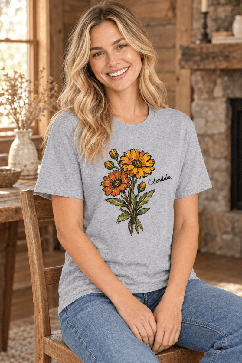 The Doodled Flower Boutique grey cotton t-shirt featuring a hand-drawn orange and ochre calendula floral illustration.