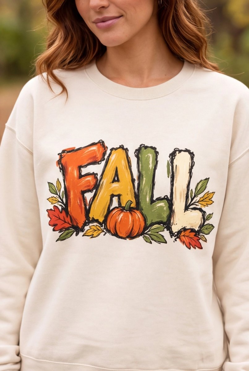 The Doodled Flower Boutique ivory cotton crewneck sweatshirt featuring a colorful hand-drawn fall pumpkin graphic.