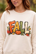 The Doodled Flower Boutique ivory cotton crewneck sweatshirt featuring a colorful hand-drawn fall pumpkin graphic.