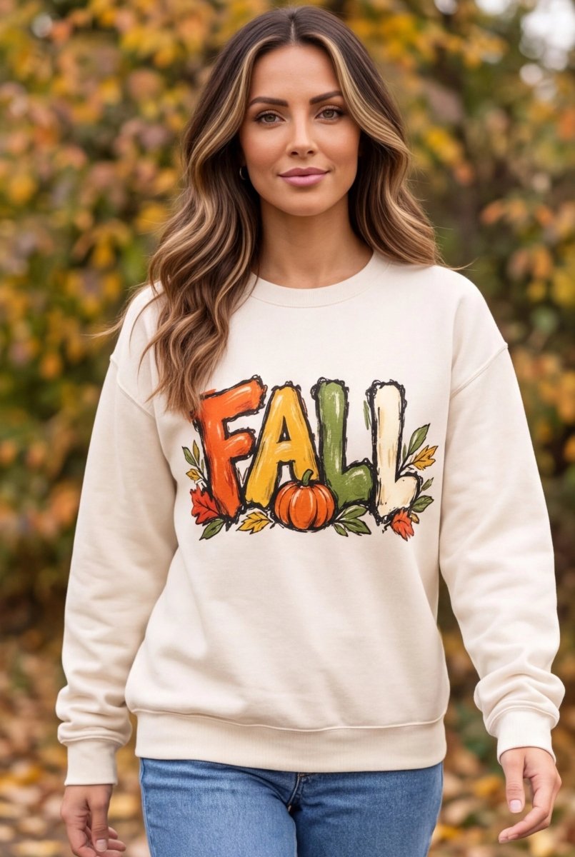 Woman wearing The Doodled Flower Boutique ivory crewneck sweatshirt with colorful FALL pumpkin and leaf graphic