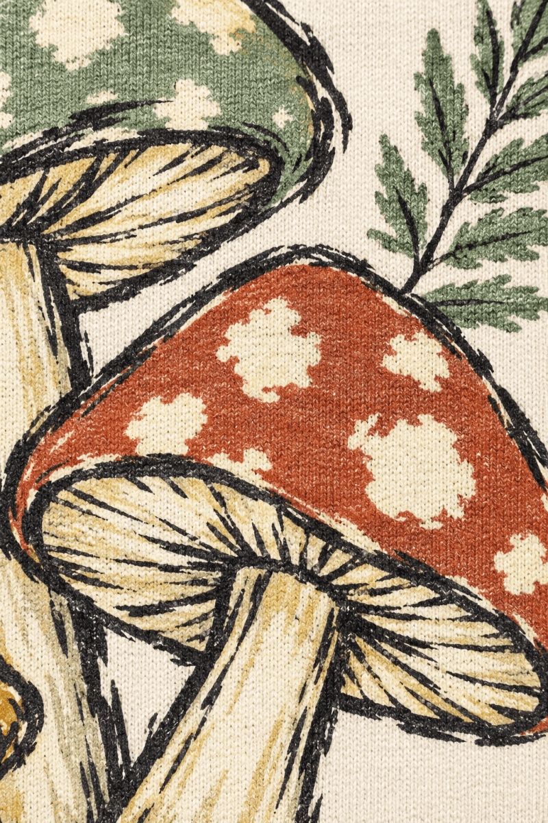 The Doodled Flower Boutique crewneck sweatshirt featuring a vintage botanical mushroom trio print on ivory cotton.
