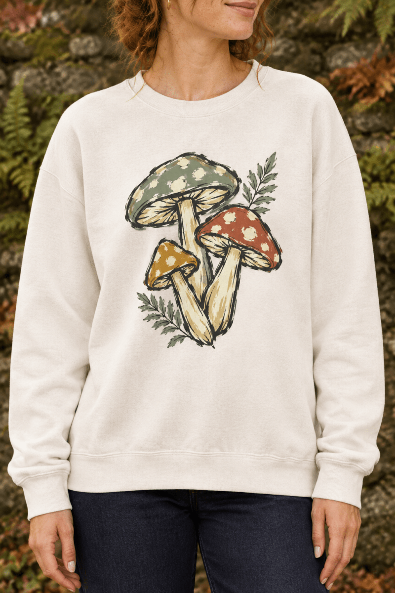 The Doodled Flower Boutique ivory crewneck sweatshirt featuring a vintage hand-drawn botanical mushroom trio design.