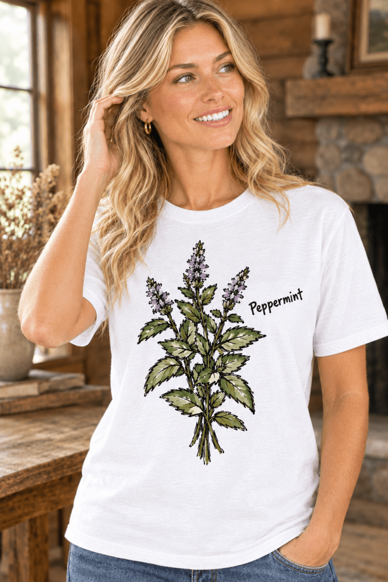 Woman wearing a white The Doodled Flower Boutique cotton t-shirt featuring a hand-drawn peppermint botanical graphic.