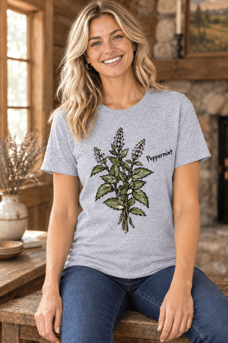 The Doodled Flower Boutique grey cotton t-shirt featuring a hand-drawn green peppermint botanical illustration
