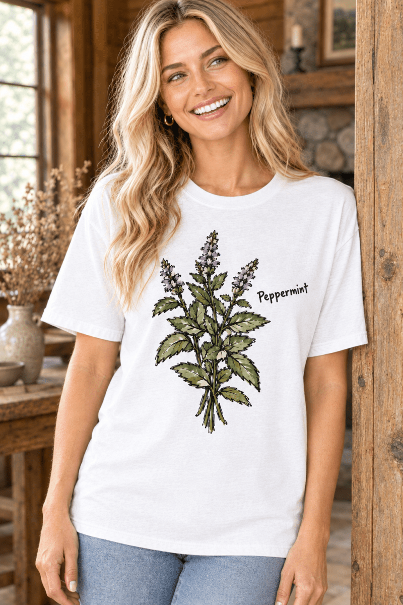 A smiling woman wearing a white The Doodled Flower Boutique t-shirt featuring a green peppermint botanical illustration.