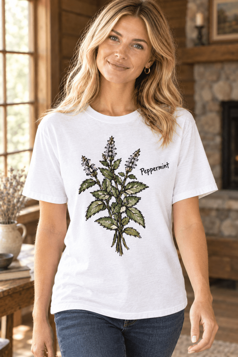 Woman wearing a white The Doodled Flower Boutique cotton t-shirt with a hand-drawn green peppermint botanical print.