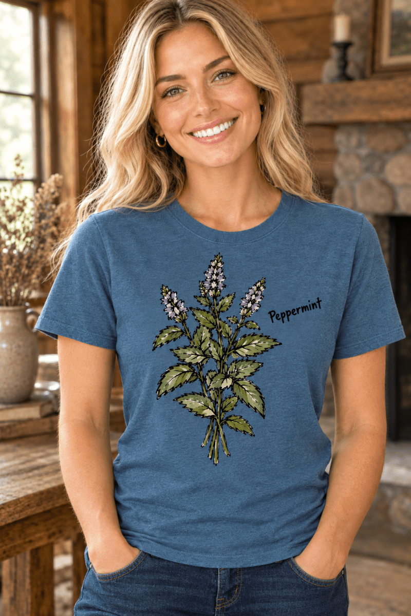 The Doodled Flower Boutique blue graphic t-shirt featuring a hand-drawn peppermint botanical illustration on a woman