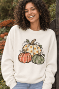 A woman wearing a The Doodled Flower Boutique ivory crewneck sweatshirt with a hand-drawn pumpkin trio fall design.
