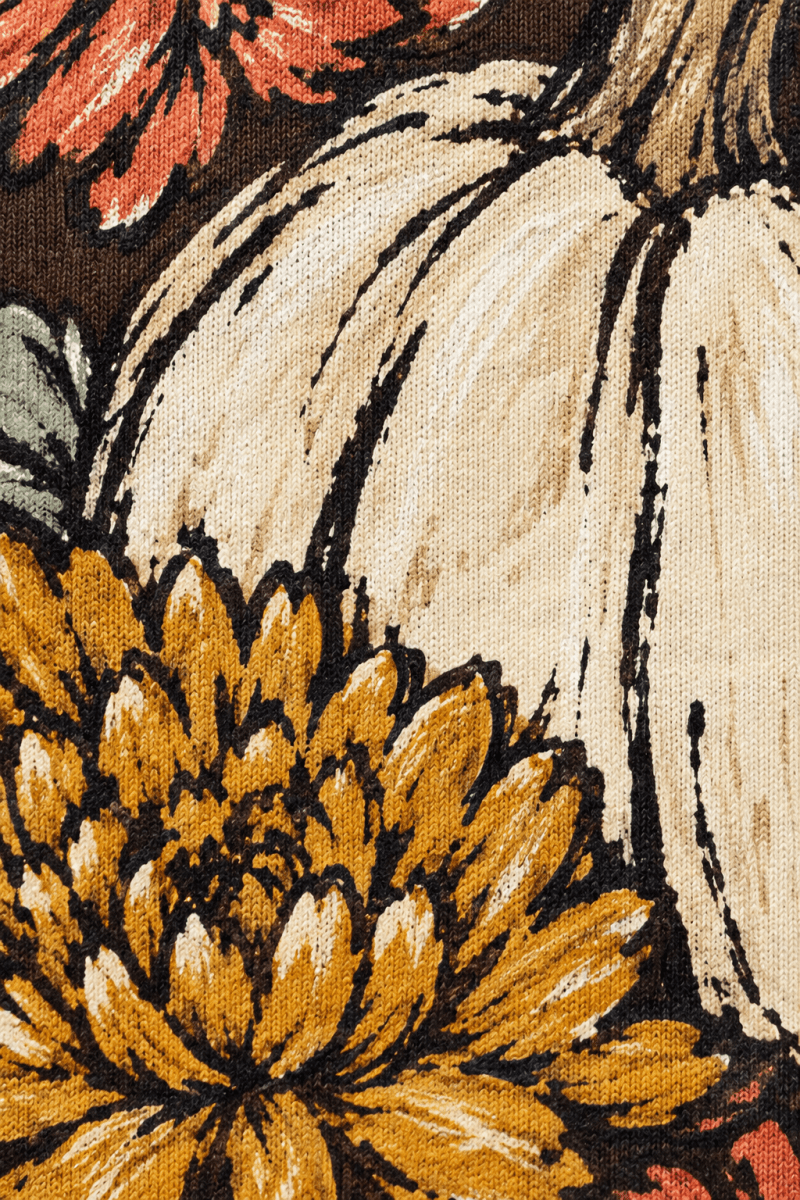 The Doodled Flower Boutique espresso brown cotton sweatshirt featuring hand-drawn ivory pumpkin and floral artwork.