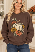 The Doodled Flower Boutique espresso brown cotton crewneck sweatshirt featuring a hand-drawn pumpkin and floral print.