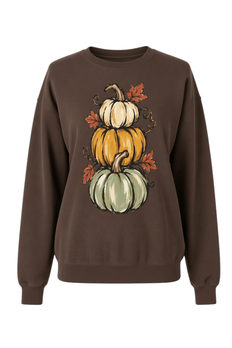 The Doodled Flower Boutique espresso brown crewneck sweatshirt featuring a hand-drawn stack of autumn pumpkins.