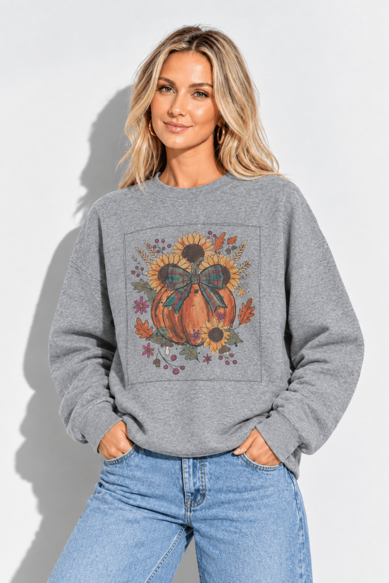 The Doodled Flower Boutique graphite heather grey crewneck sweatshirt featuring a pumpkin and sunflower fall graphic.