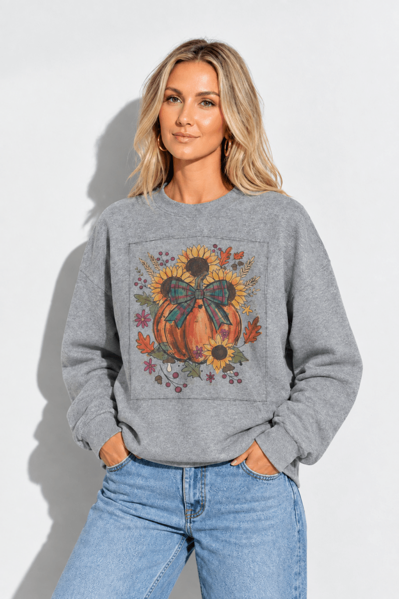 The Doodled Flower Boutique graphite heather grey crewneck sweatshirt featuring a pumpkin and sunflower fall graphic.