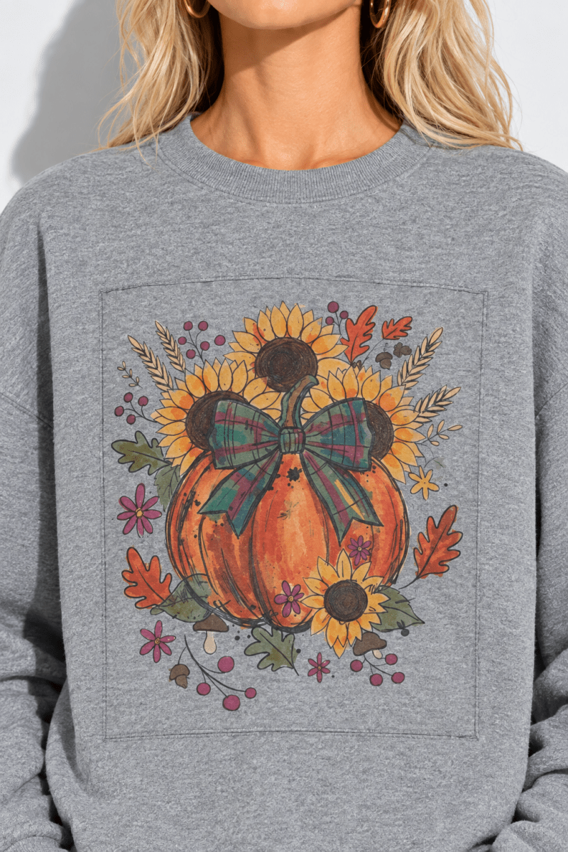 The Doodled Flower Boutique graphite heather grey crewneck sweatshirt featuring a pumpkin and sunflower fall graphic.
