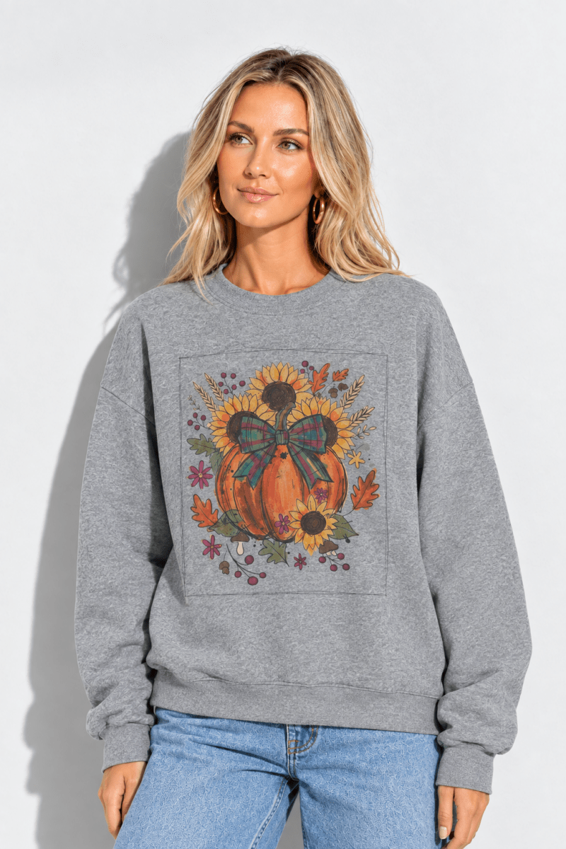 The Doodled Flower Boutique graphite heather grey crewneck sweatshirt featuring a pumpkin and sunflower fall graphic.