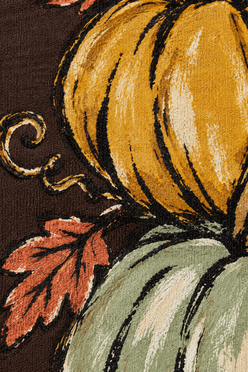 The Doodled Flower Boutique espresso cotton sweatshirt featuring a hand-drawn pumpkin stack with sage and gold tones.