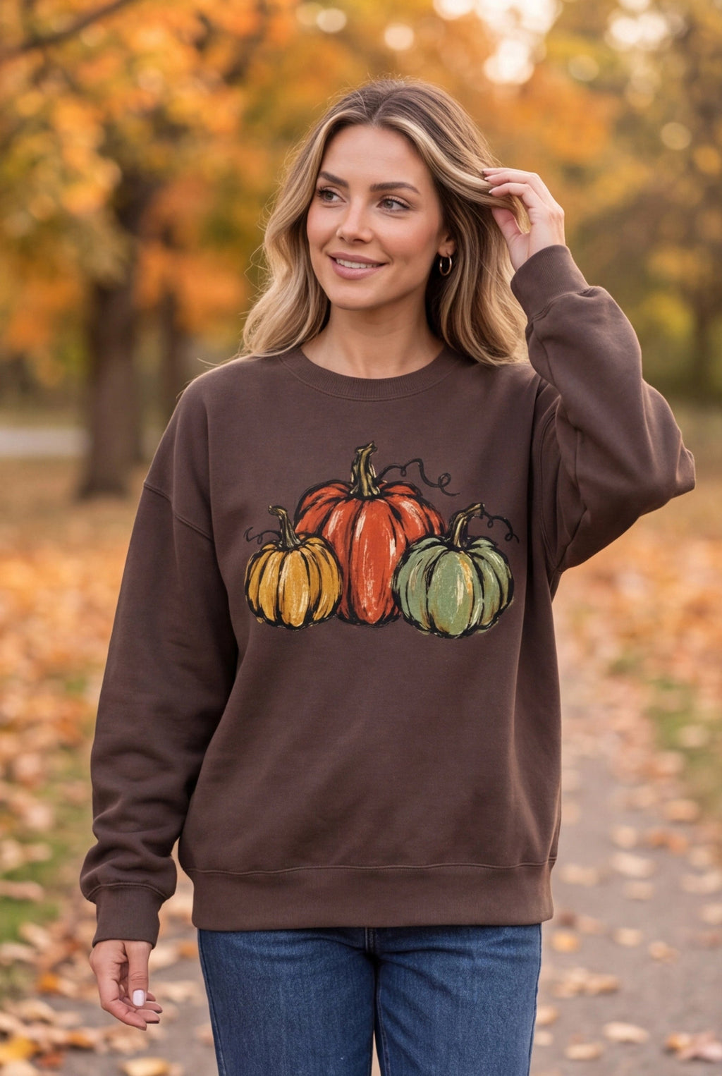 Woman wearing The Doodled Flower Boutique espresso brown cotton sweatshirt with watercolor pumpkin illustration