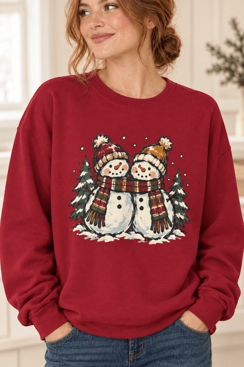 The Doodled Flower Boutique Cardinal Red crewneck sweatshirt featuring two snowpeople in plaid scarves with pine trees and falling snow, worn by a model.