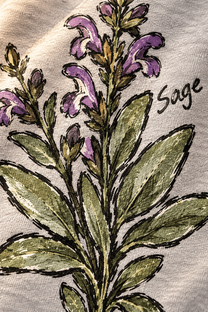 The Doodled Flower Boutique sage botanical illustration on a grey cotton t-shirt with purple and green ink details.