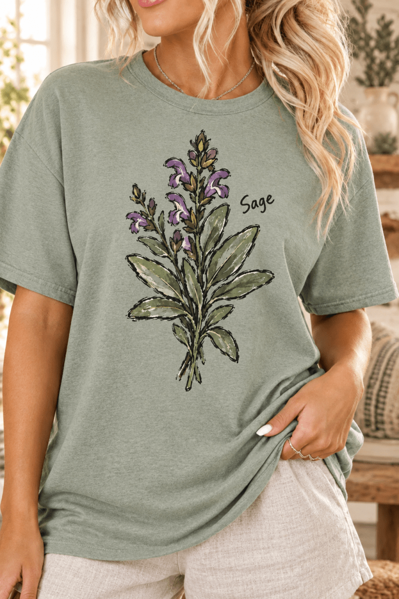 The Doodled Flower Boutique sage green cotton t-shirt featuring a hand-drawn botanical sage illustration.