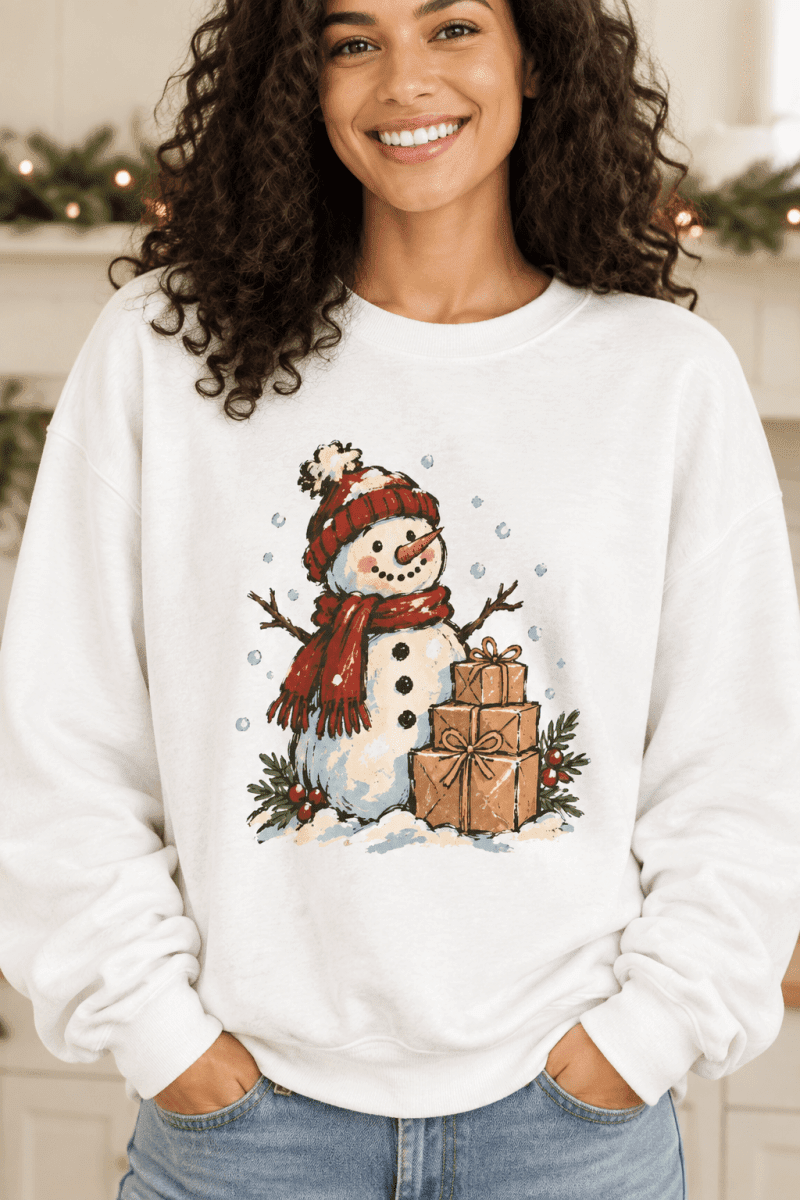 Woman wearing a The Doodled Flower Boutique white crewneck sweatshirt with a hand-drawn snowman and gift illustration.