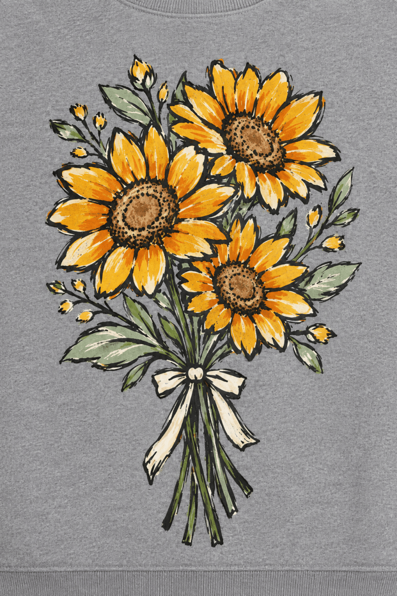 The Doodled Flower Boutique grey fleece sweatshirt featuring a hand-drawn illustration of three yellow sunflowers.