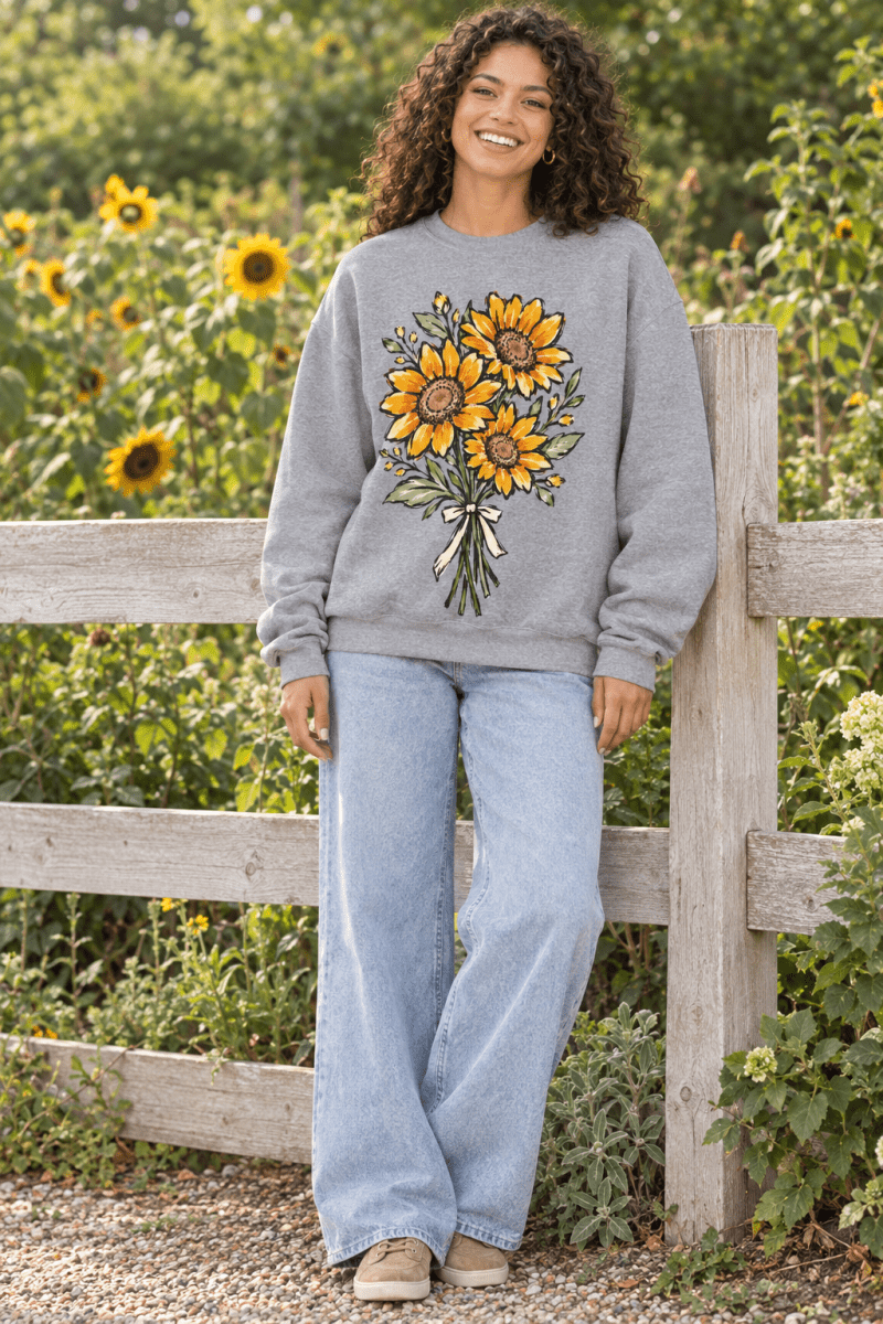 The Doodled Flower Sunflower Bouquet Sweatshirt Sport Grey Full Length